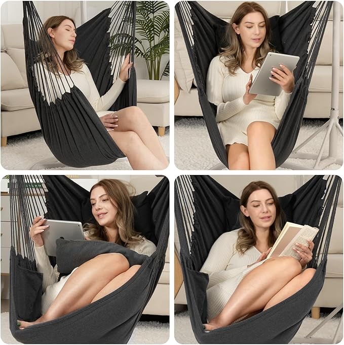 Y- STOP Hammock Chair Hanging Rope Swing Chair, Max 500 Lbs, 2 Seat Cushions - Image 7