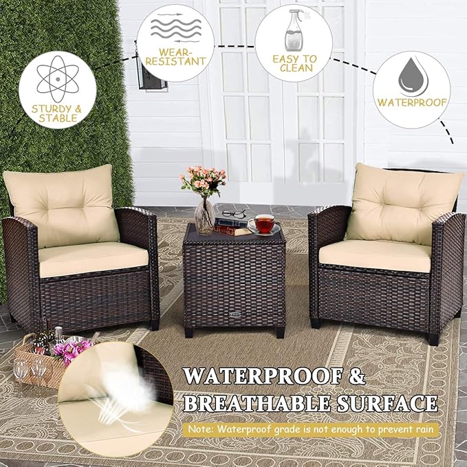 Tangkula 3 Pieces Patio Furniture Set, PE Rattan Wicker 3 Pcs Outdoor Sofa Set - Image 8