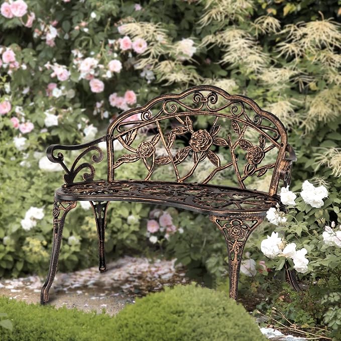 VINGLI 38.5" Patio Park Garden Outdoor Metal Rose Bench, 2-Person Cast Iron - Image 7