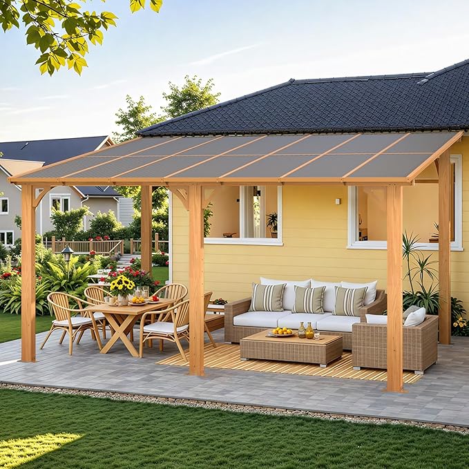 AECOJOY 14' x 10' Gazebo for Patio, Wood Grain Hard Top Lean to Gazebo Pergola - Image 3