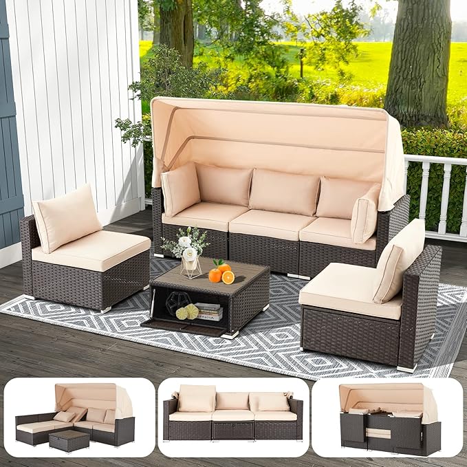 HOMREST 6 Pieces Patio Furniture Sets, Rattan Daybed by HOMREST