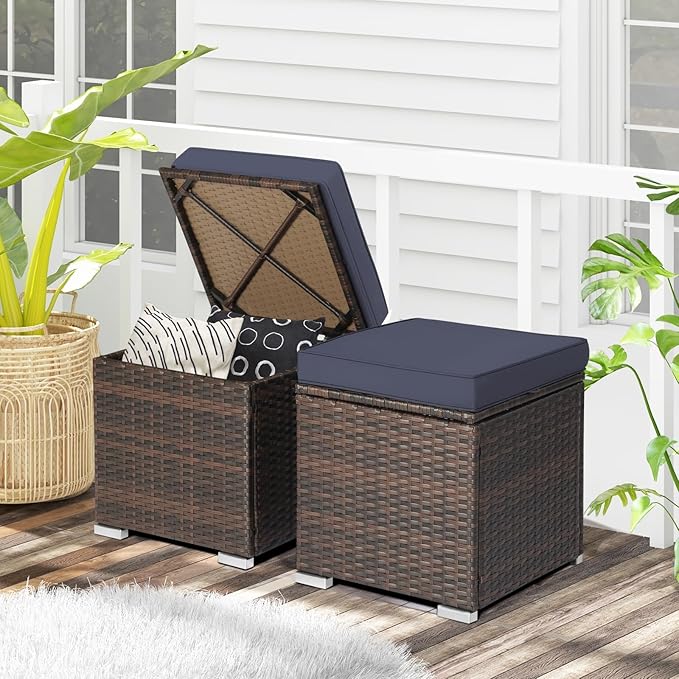 RELAX4LIFE Wicker Outdoor Storage Ottoman, 2-Piece Rattan Footstool w/Removable - Image 9