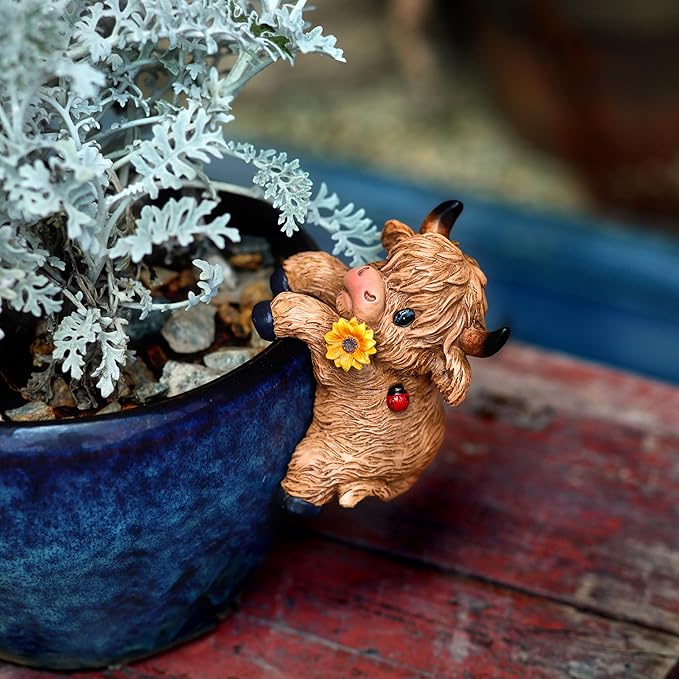 CXYCzsbjCute Rock Climbing Highland Bull Statue Flowerpot Hugging Device - Image 8