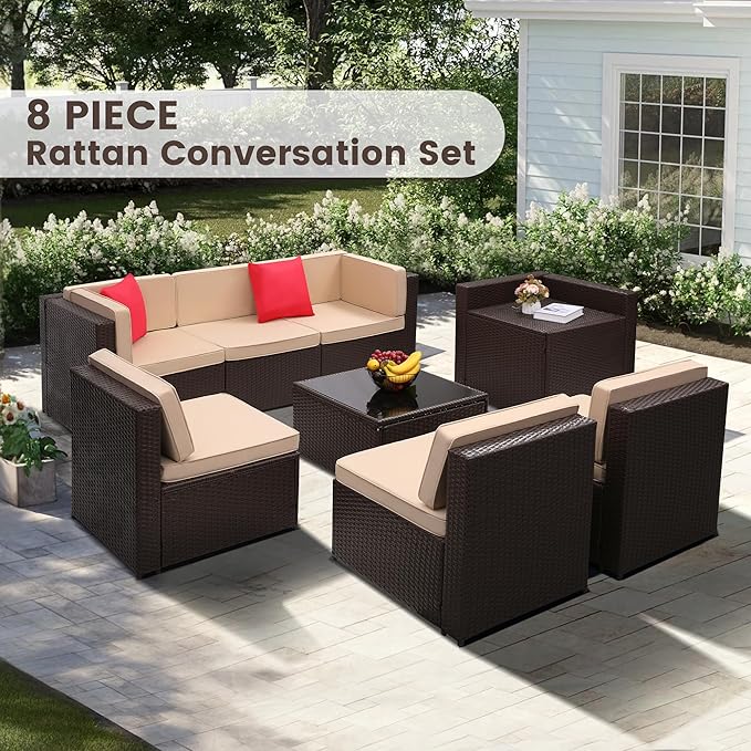 8-Piece Patio Furniture Set, Outdoor Wicker Rattan Sectional - Image 2