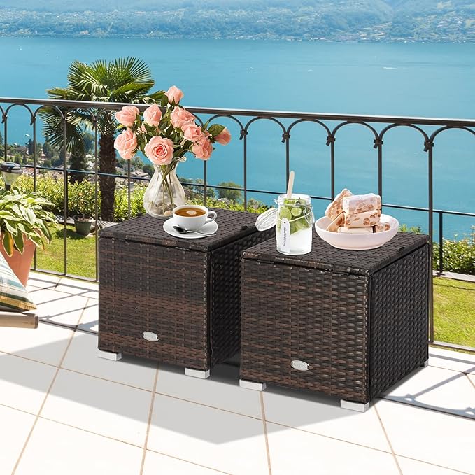 Tangkula 2 Pieces Patio Ottomans, Patiojoy Hand-Woven PE Rattan Side Table - Image 3