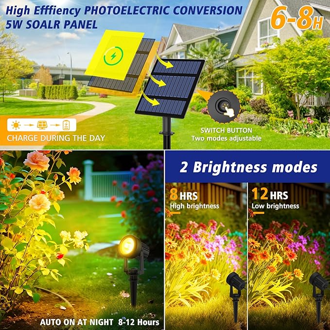 T-SUNUS Solar Spot Lights Christmas 6-in-1 Outdoor Warm White 3000K Landscape - Image 2