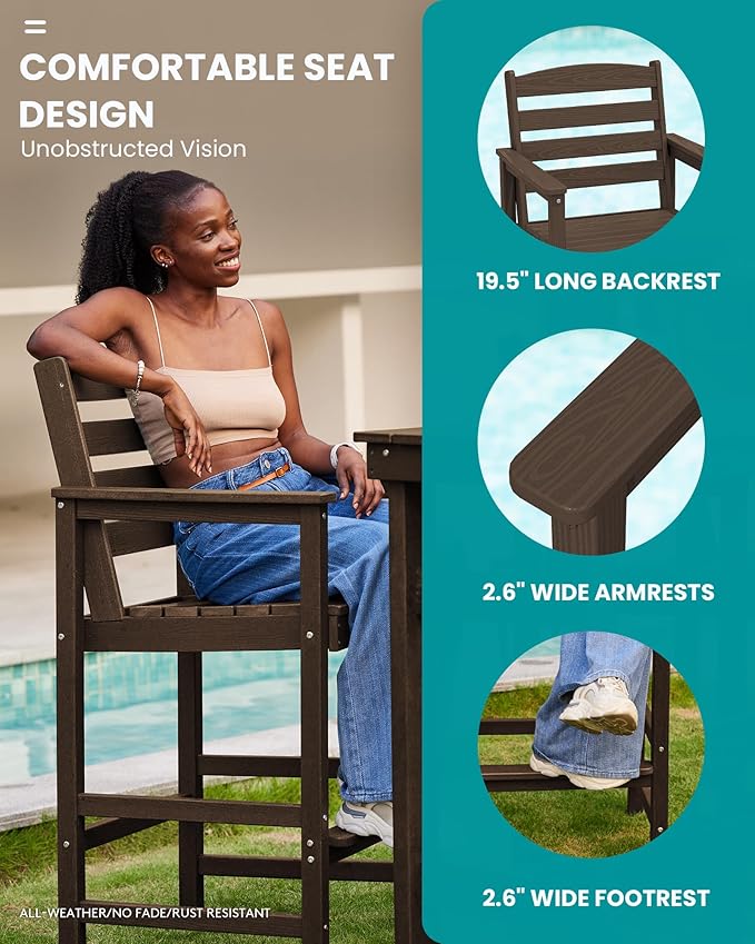 SERWALL Outdoor Bar Table and Chairs Set, Adirondack Bar Chairs Set of 2 and - Image 4