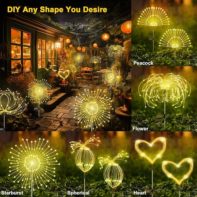 Solar Garden Lights Outdoor, 2 Pack 120 LED Twinkling Firework Lights Decorative - Image 4