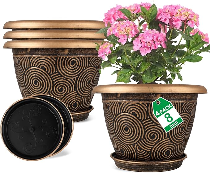 8 Inch Flower Pots Planters for Indoor Outdoor Plants, 4 Pack Plastic Small by Fodetyff