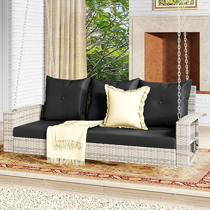 DWVO 3-Seats Wicker Hanging Porch Swing Chair Outdoor Gray Rattan Patio Swing - Image 7