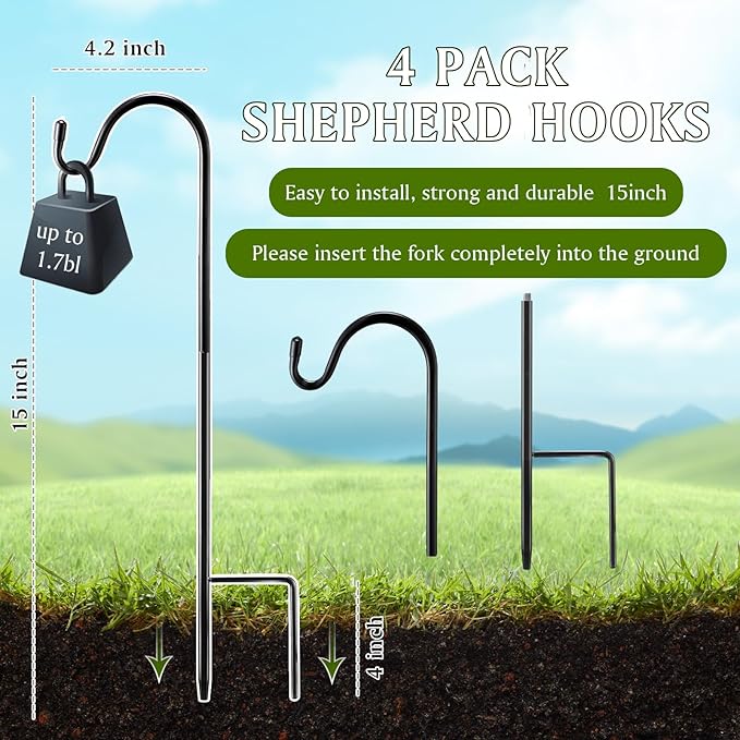 4 Pcs 15 Inch Shepherds Hook for Outdoor Adjustable Bird Feeder Pole Metal - Image 2