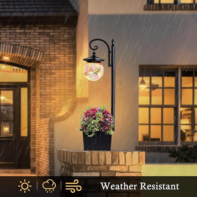 Solar Lamp Post Light with Planter, Matte Black Outdoor Flower Pots with Mosaic - Image 2