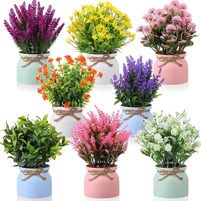 Cindeer 8 Pcs Large Artificial Potted Flowers Fake Potted Plants Plastic Faux by Cindeer