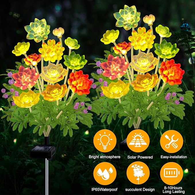 Solar Garden Lights Outdoor, 2 Pack Upgraded Succulent Solar Flowers Outside - Image 4
