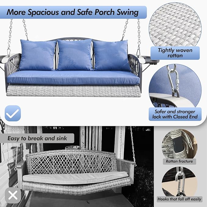 Wicker Porch Swing Heavy Duty 900 LBS 3-Seat Outdoor Patio Swing Chair - Image 2