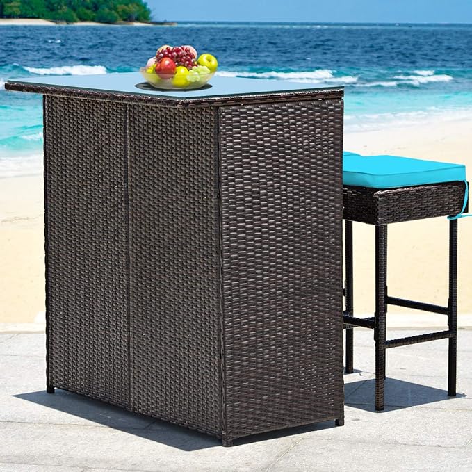 Tangkula Patio Bar Set, 3 Piece Outdoor Rattan Wicker Bar Set - Image 3