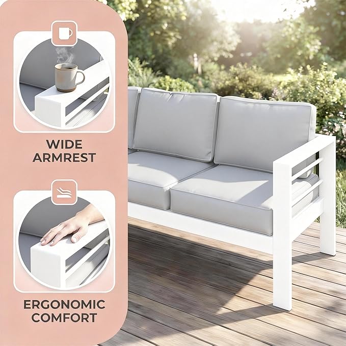 Kiss the Water Outdoor Couch Aluminum Patio Furniture Sofa, 3 Seat All-Weather - Image 4