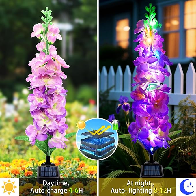 Solar Garden Lights, Solar Purple Delphinium Flowers Lights 4 Pack 80 LEDs - Image 4