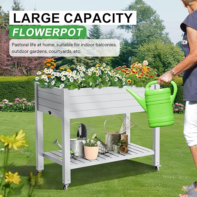 Raised Garden Bed with Legs, 33.66" Tall Self-Watering Resin Planter Box with - Image 2