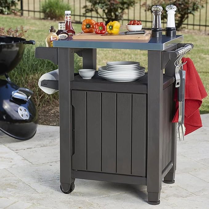 Keter Outdoor Grill Prep Table & Serving Cart, Stainless Steel Top, 40 Gal - Image 7