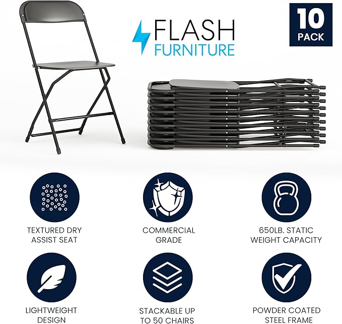 Flash Furniture Hercules Set of 10 Indoor/Outdoor Heavy-Duty Plastic Folding - Image 3