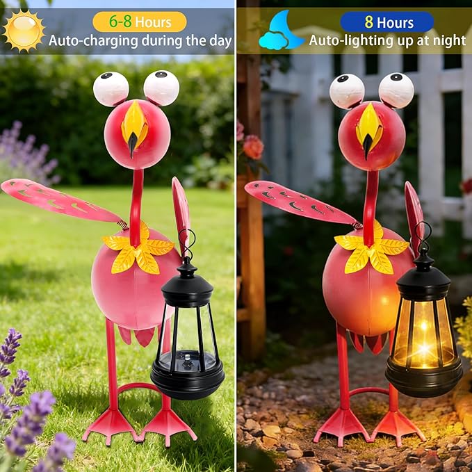 Solar Flamingo Statue with Lights, 13in Tall Solar Flamingo Garden Sculptures - Image 7