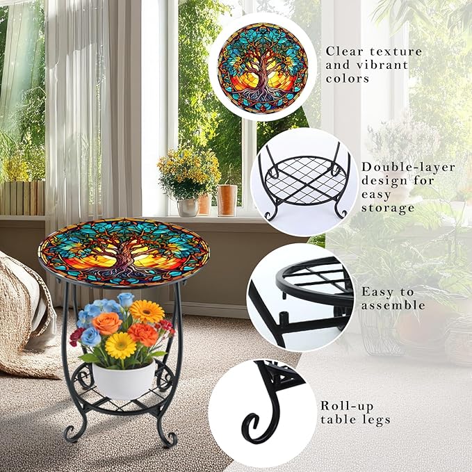 Outdoor Side Table Round Small Mosaic Patio Accent Indoor End Plant Coffee Tea - Image 4