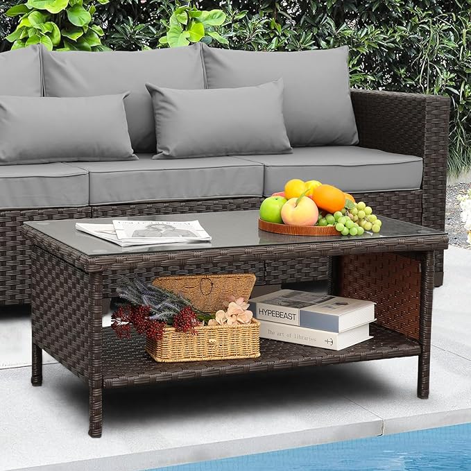 Outdoor Wicker Coffee Table Patio Furniture Garden Rattan 2-Layer Glass Table - Image 2