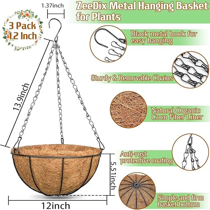 ZeeDix 12 Inch Hanging Baskets for Plants Outdoor - Image 2