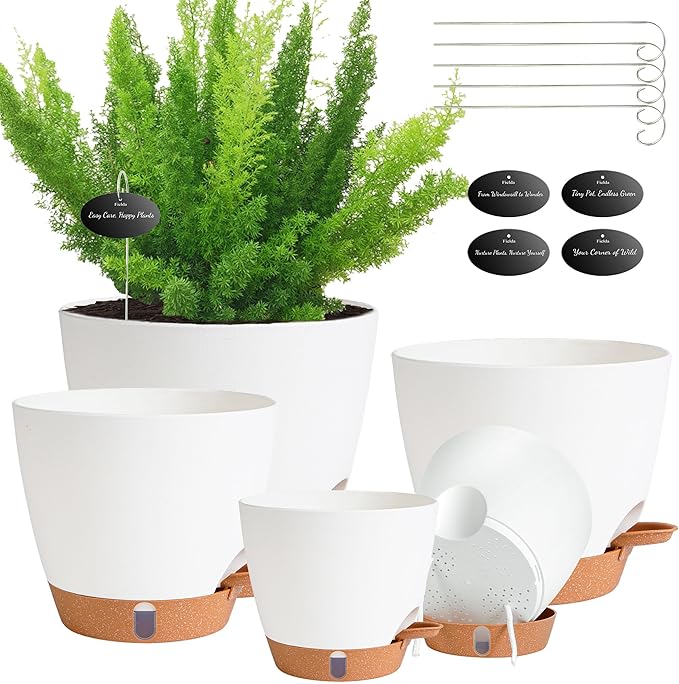 Self Watering Pots for Inoor Ourdoor Plants 8/7/6.5/6/5 Inch Plastic Planters by Fielda