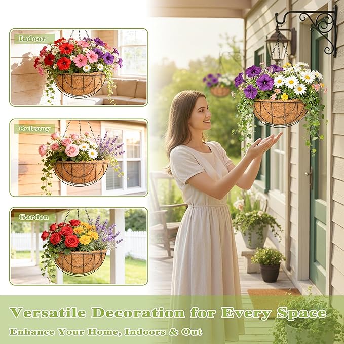 4 Pack 14 Inch Hanging Baskets for Plants Outdoor Metal Hanging Planter Hanging - Image 2