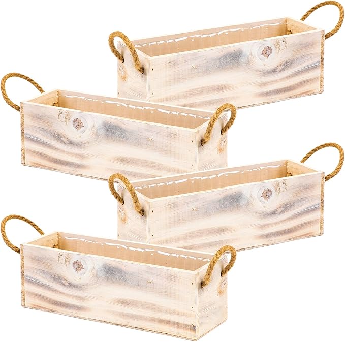 Wooden Planter Box with Handle I Rustic Whitewash I Plastic Liner l Garden by Unknown