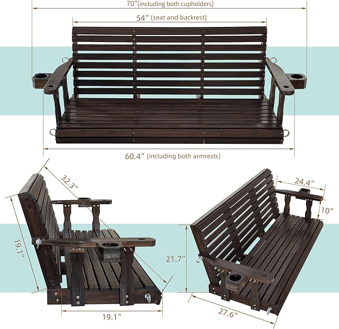 Fortune Candy Wooden Porch Swing 3-Seater, High Backrest and Deep Seat - Image 6