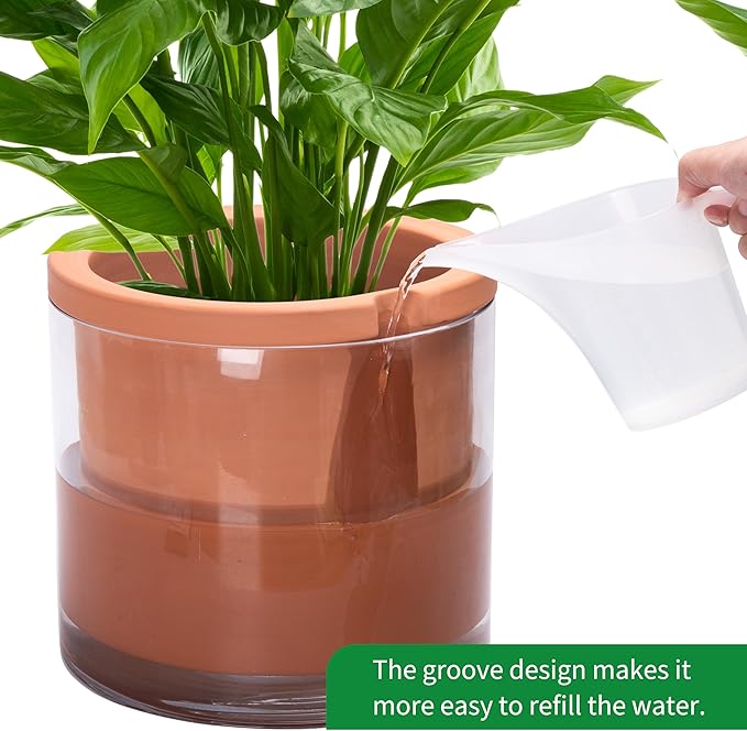 Phoenix Vine 10 Inch Self Watering Planter, Indoor Cylinder Terra Cotta Pot - Image 4