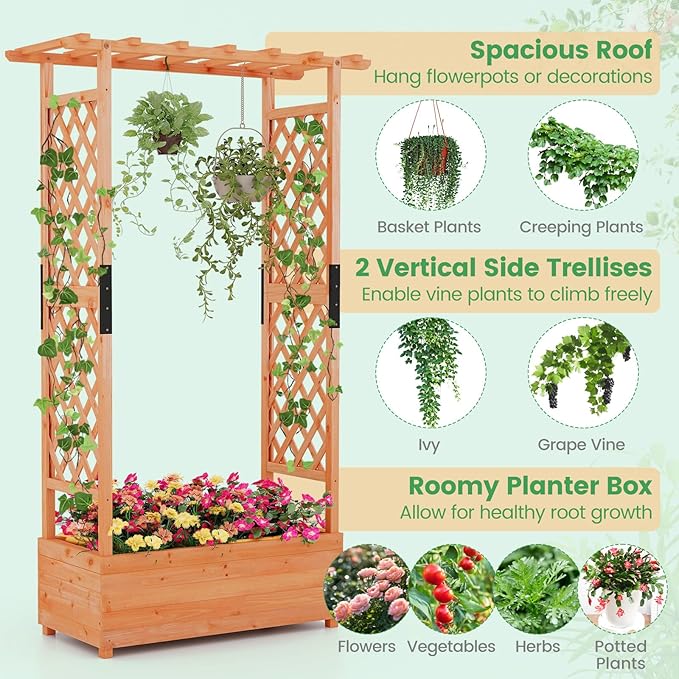 Giantex Raised Garden Bed with Trellis & Hanging Roof, Wood Planter Box with - Image 5