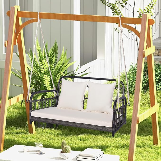 Tangkula Outdoor Wicker Porch Swing, 2-Person Hanging Seat - Image 3