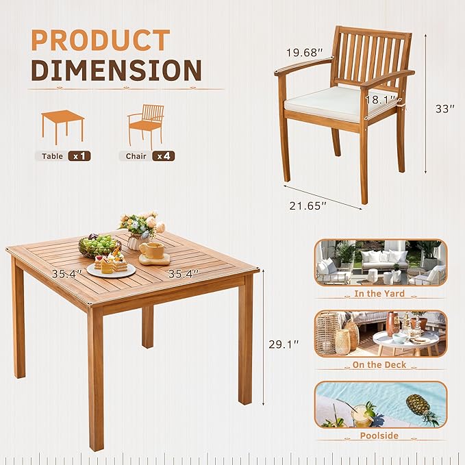 Greesum 5 Piece Patio Dining Set Outdoor Solid Wood Furniture - Image 7