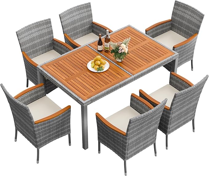 Flamaker 7 Piece Patio Dining Set Outdoor Acacia Wood Table and Chairs by Flamaker