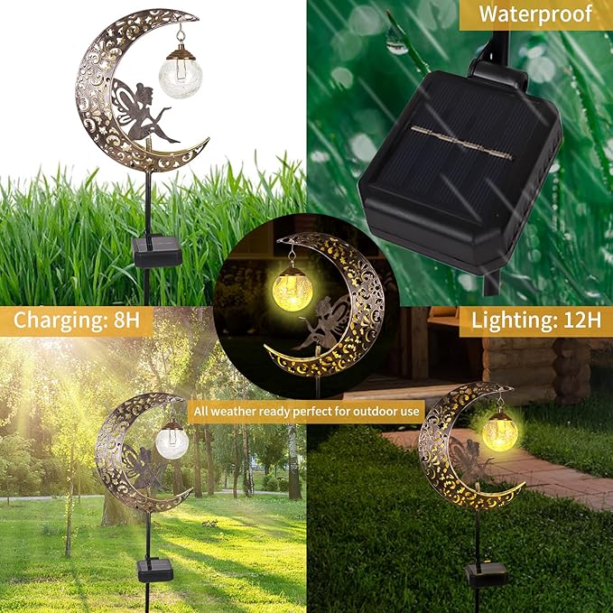 Solar Garden Lights Outdoor Decor, Moon Fairy Crackle Glass Lights, Waterproof - Image 4