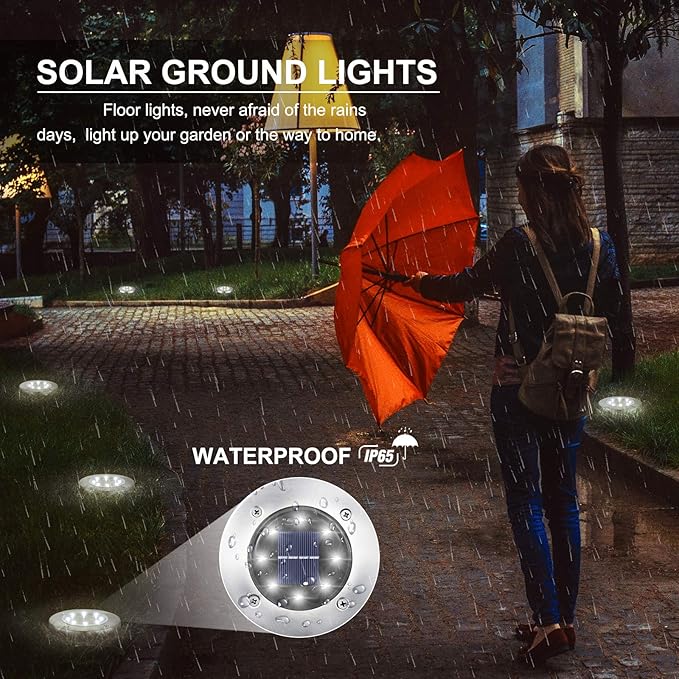 LYHOPE Solar Ground Lights Outdoor, 8 Pack 8 LED Solar Disk Lights Waterproof - Image 2