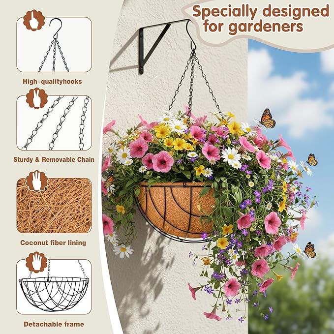 Metal Hanging Baskets for Plants Outdoor 4 Pack Round Metal Wire Hanging Basket - Image 6