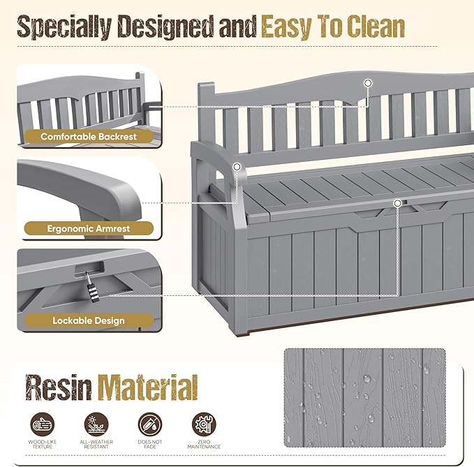 80-Gallon Outdoor Storage Bench, Waterproof Deck Box - Image 6