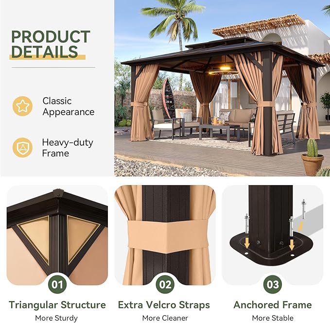 Aoxun 12'x10' Hardtop Gazebo, Aluminum Frame Permanent Pavilion - Image 6