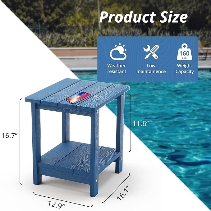LUE BONA Adirondack Outdoor Side Table, 2-Tier Navy Blue HDPS Patio End Table - Image 3