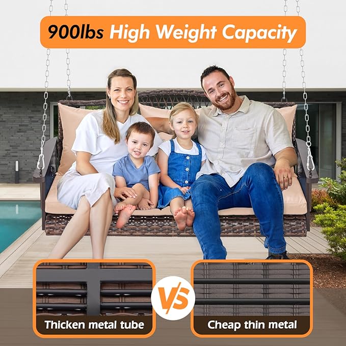 Upgraded Wicker Hanging Porch Swing Heavy Duty 900lbs 3-Seat Outdoor Patio - Image 3