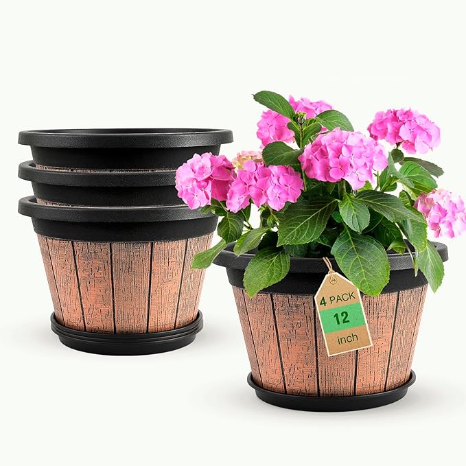 Quarut 4 Pack 12 inch Plant Pots, Whiskey Barrel Planters by Quarut