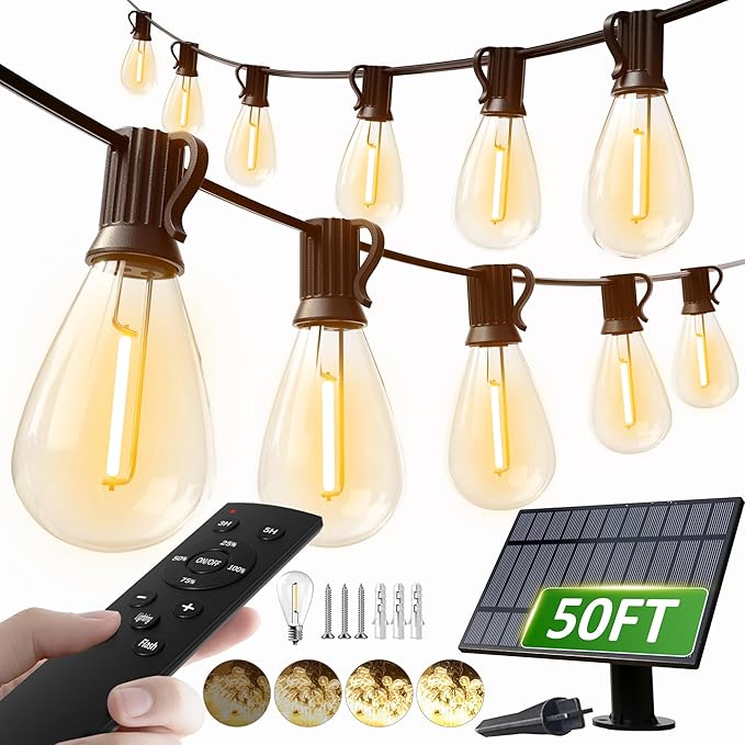 luckystyle 50FT Solar String Lights Outdoor Waterproof 2200K by luckystyle