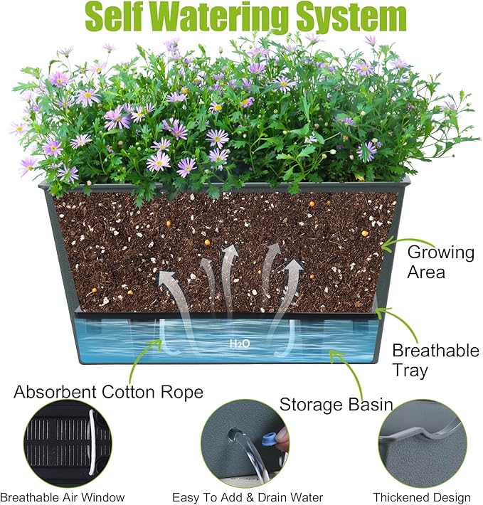 Window Box Planter 6 Pcs, 12.6 Inches Self Watering Rectangle Flower Plant Pots - Image 2