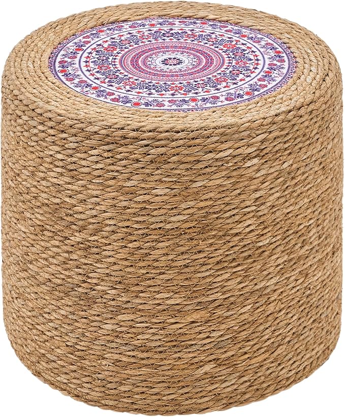 Wimarsbon Round Pouf Ottomans, Handwoven Natural Water Hyacinth Seagrass Pouffe by Wimarsbon