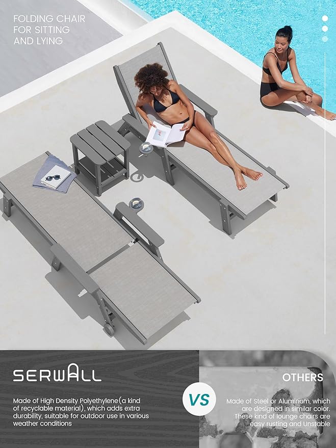 SERWALL Patio Chaise Lounge Chair, 5 Positions Outdoor Lounger - Image 6